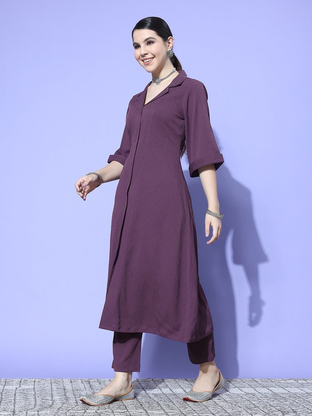 Mauve Shirt Collar Neck A-Line Kurta Paired With Tonal Bottom