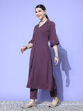 Mauve Shirt Collar Neck A-Line Kurta Paired With Tonal Bottom
