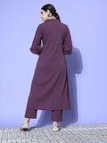 Mauve Shirt Collar Neck A-Line Kurta Paired With Tonal Bottom