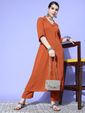Rust Shirt Collar Neck A-Line Kurta Paired With Tonal Bottom