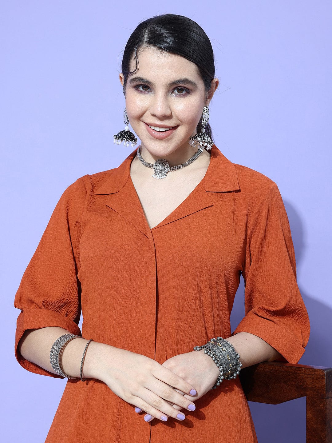 Rust Shirt Collar Neck A-Line Kurta Paired With Tonal Bottom