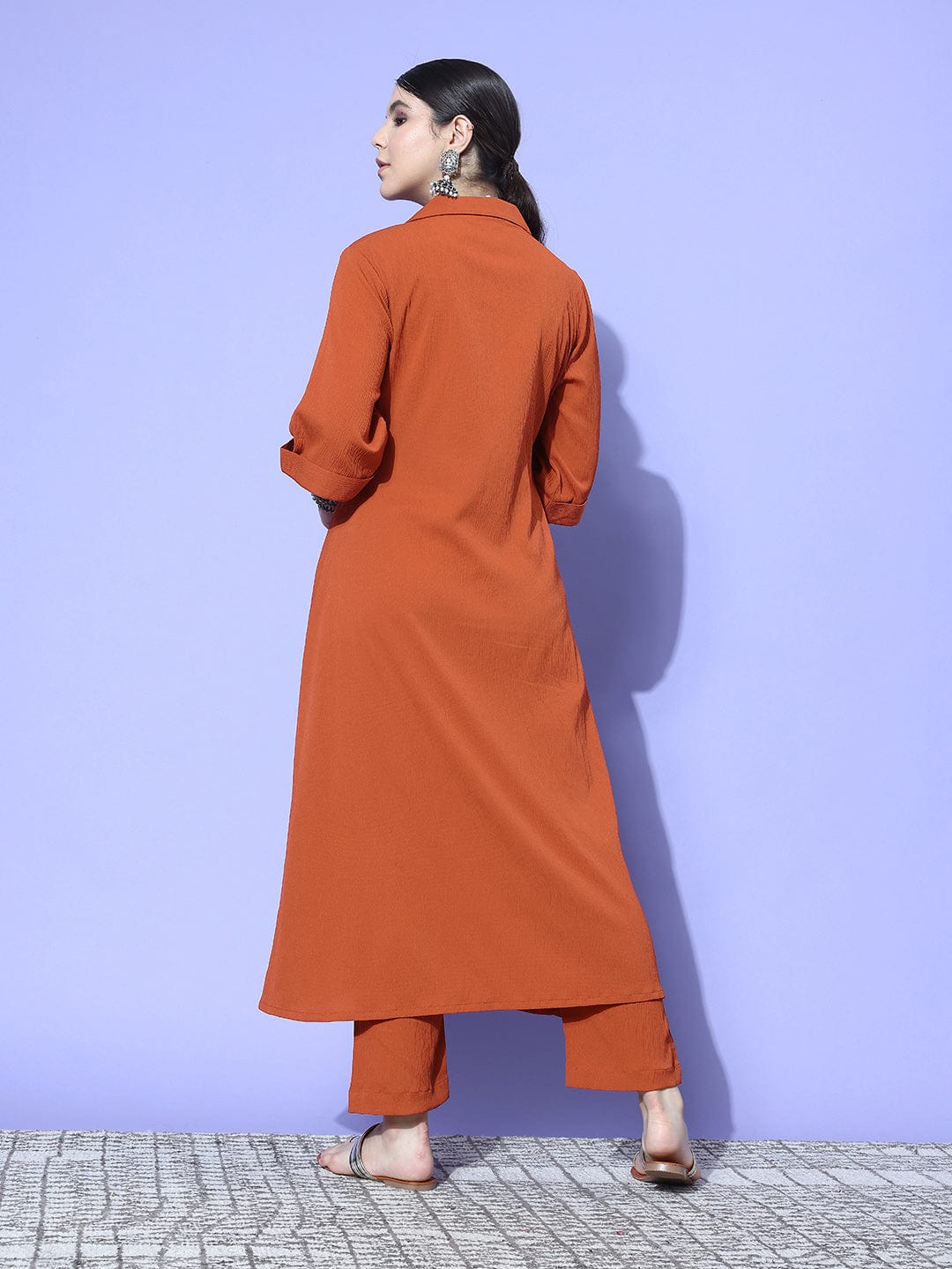 Rust Shirt Collar Neck A-Line Kurta Paired With Tonal Bottom