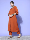 Rust Shirt Collar Neck A-Line Kurta Paired With Tonal Bottom