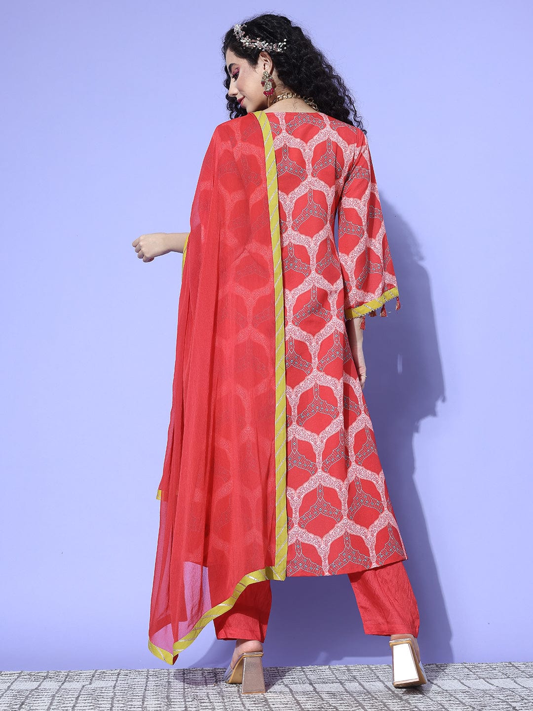 Red Ethnic Motif Printed Anarkali Kurta Paired With Tonal Solid Bottom And Dupatta