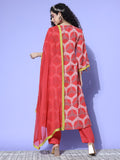 Red Ethnic Motif Printed Anarkali Kurta Paired With Tonal Solid Bottom And Dupatta