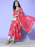 Pink Floral Printed V-Neck, Anarkali Kurta Paired With Tonal Chiffon Dupatta