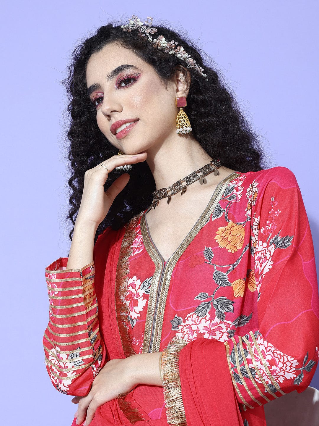 Pink Floral Printed V-Neck, Anarkali Kurta Paired With Tonal Chiffon Dupatta