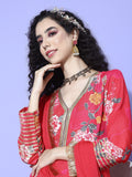 Pink Floral Printed V-Neck, Anarkali Kurta Paired With Tonal Chiffon Dupatta