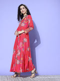 Pink Floral Printed V-Neck, Anarkali Kurta Paired With Tonal Chiffon Dupatta