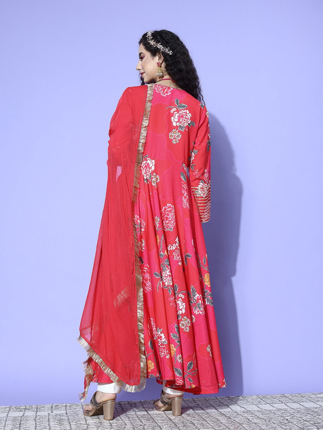 Pink Floral Printed V-Neck, Anarkali Kurta Paired With Tonal Chiffon Dupatta