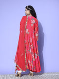 Pink Floral Printed V-Neck, Anarkali Kurta Paired With Tonal Chiffon Dupatta