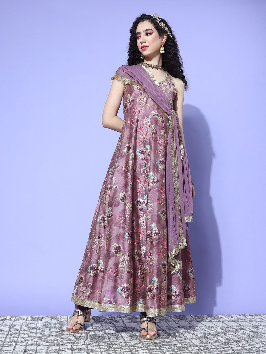 Purple Floral Printed Sequin Embellished V Neck Anarkali Kurta With Flared Hem Vkur1342 Vardup1457