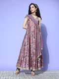 Purple Floral Printed Sequin Embellished V Neck Anarkali Kurta With Flared Hem Vkur1342 Vardup1457