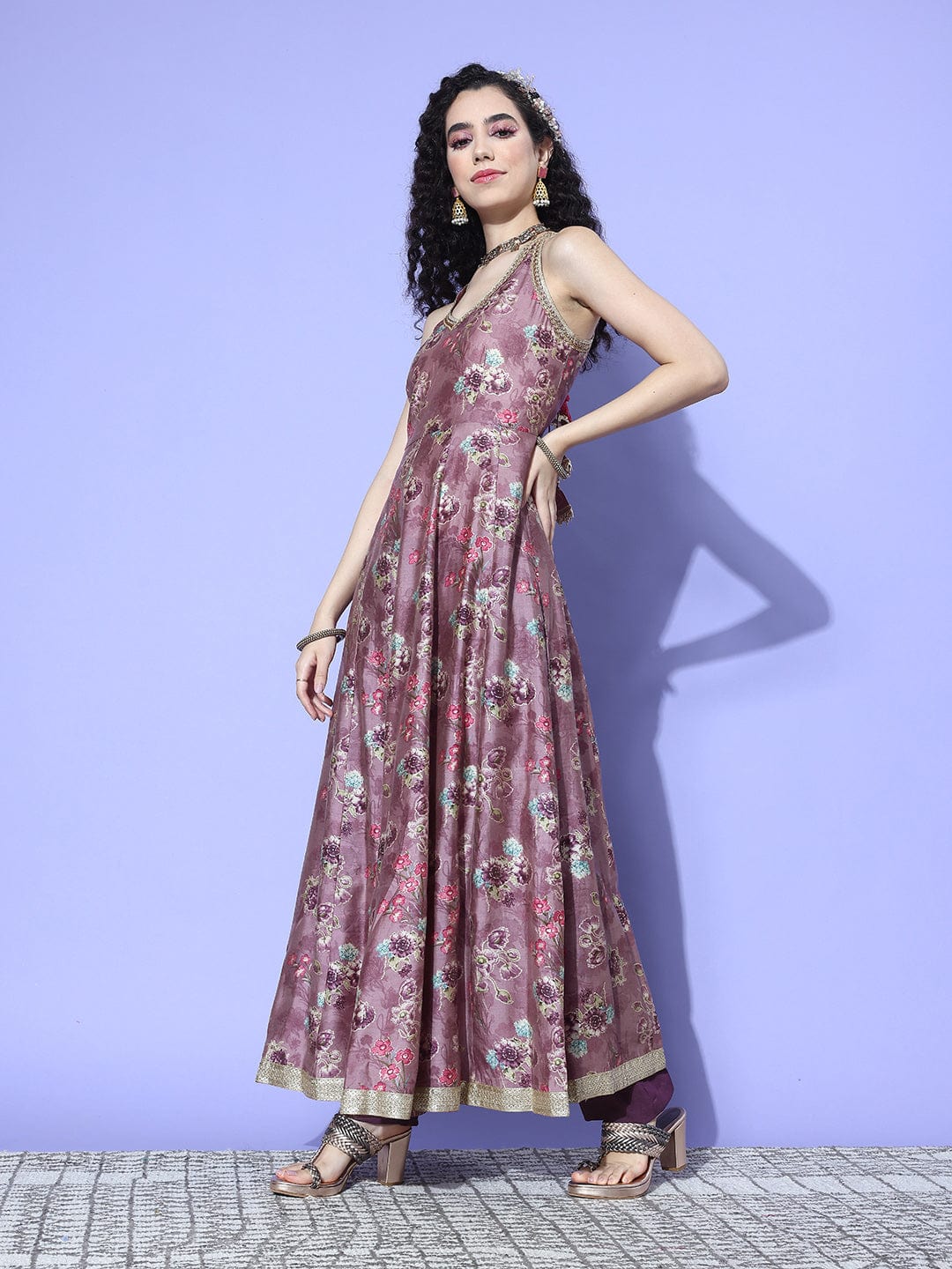 Purple Floral Printed Sequin Embellished V Neck Anarkali Kurta With Flared Hem Vkur1342 Vardup1457