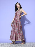 Purple Floral Printed Sequin Embellished V Neck Anarkali Kurta With Flared Hem Vkur1342 Vardup1457