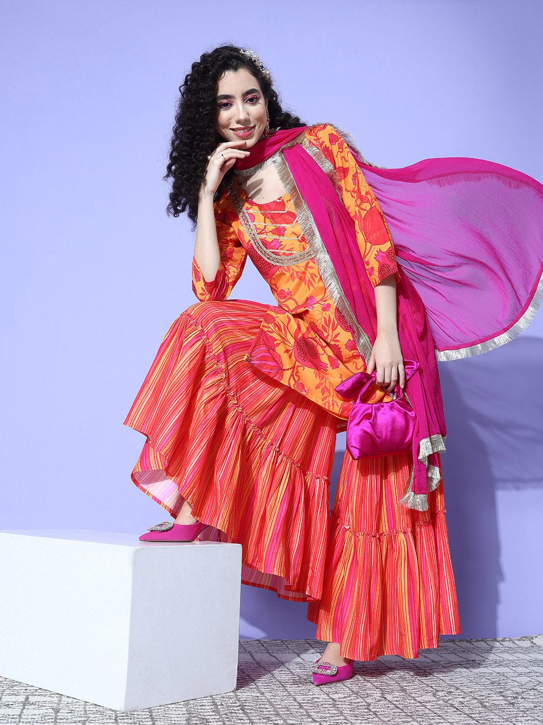 Yellow Abstract Printed Straight Kurta Paired With Sharara And Dupatta