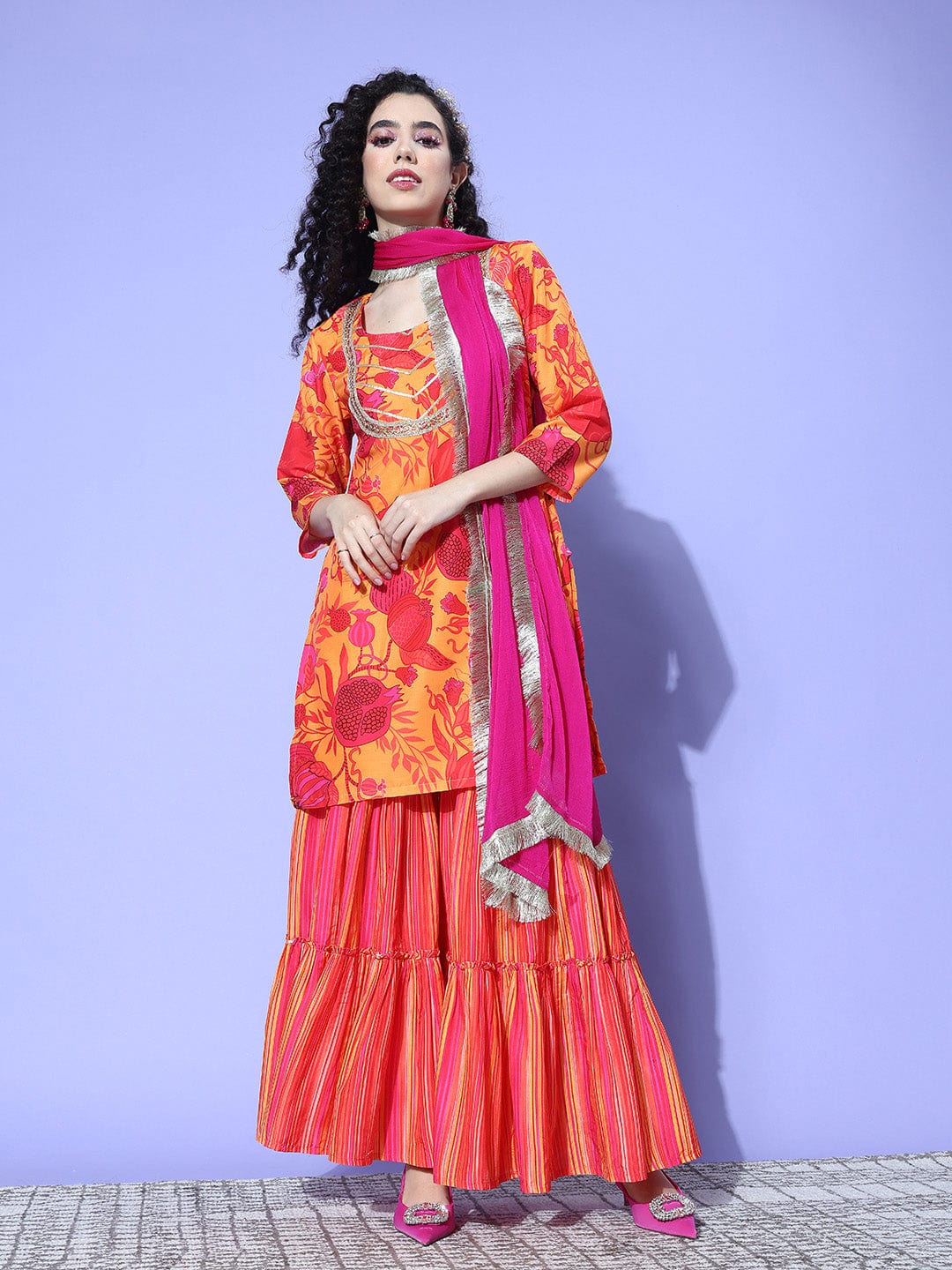 Yellow Abstract Printed Straight Kurta Paired With Sharara And Dupatta