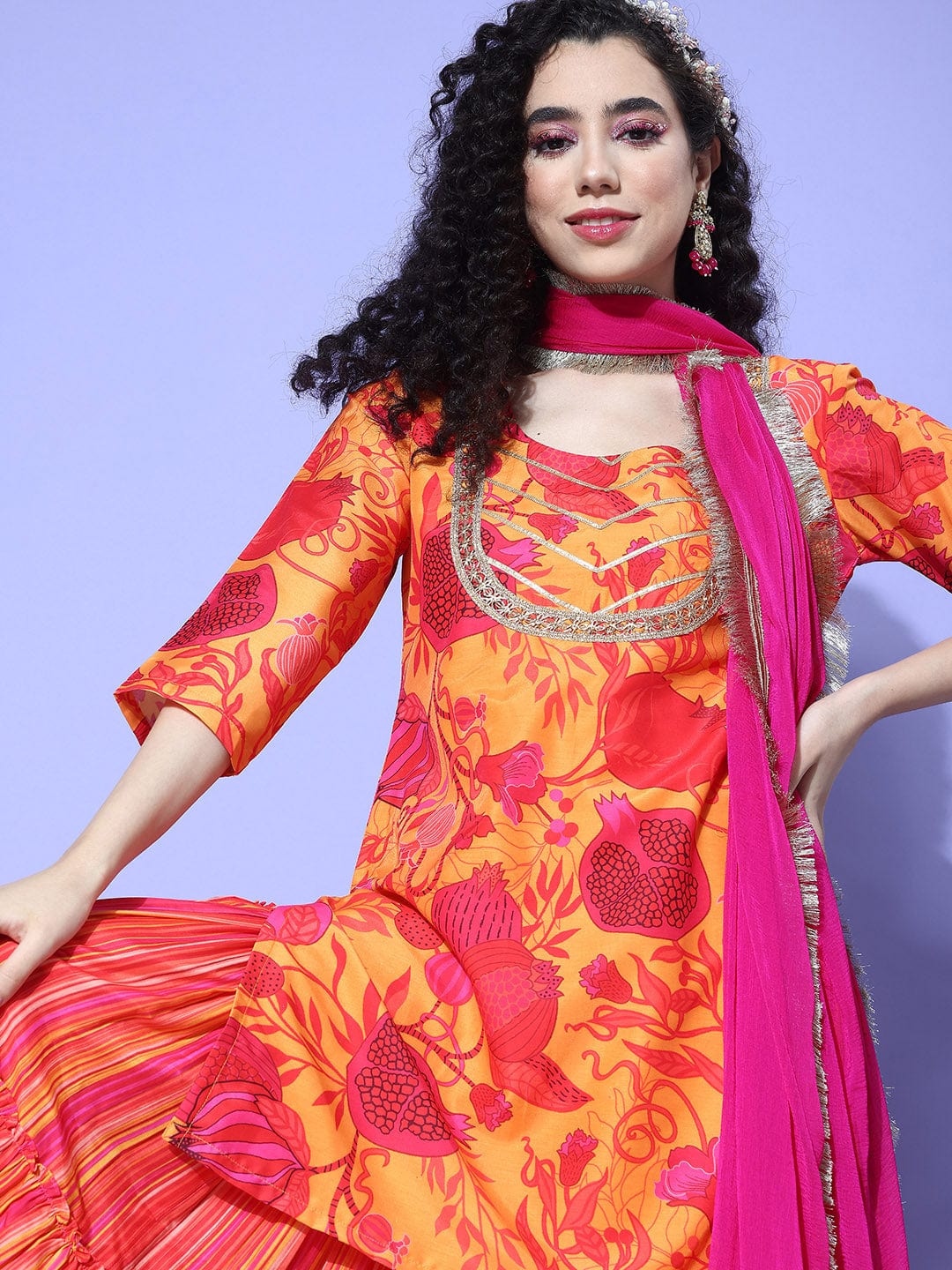 Yellow Abstract Printed Straight Kurta Paired With Sharara And Dupatta