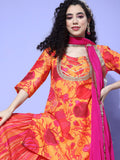 Yellow Abstract Printed Straight Kurta Paired With Sharara And Dupatta