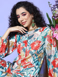 Cream Floral Printed High Low Straight Kurta Paired With Tonal Bottom