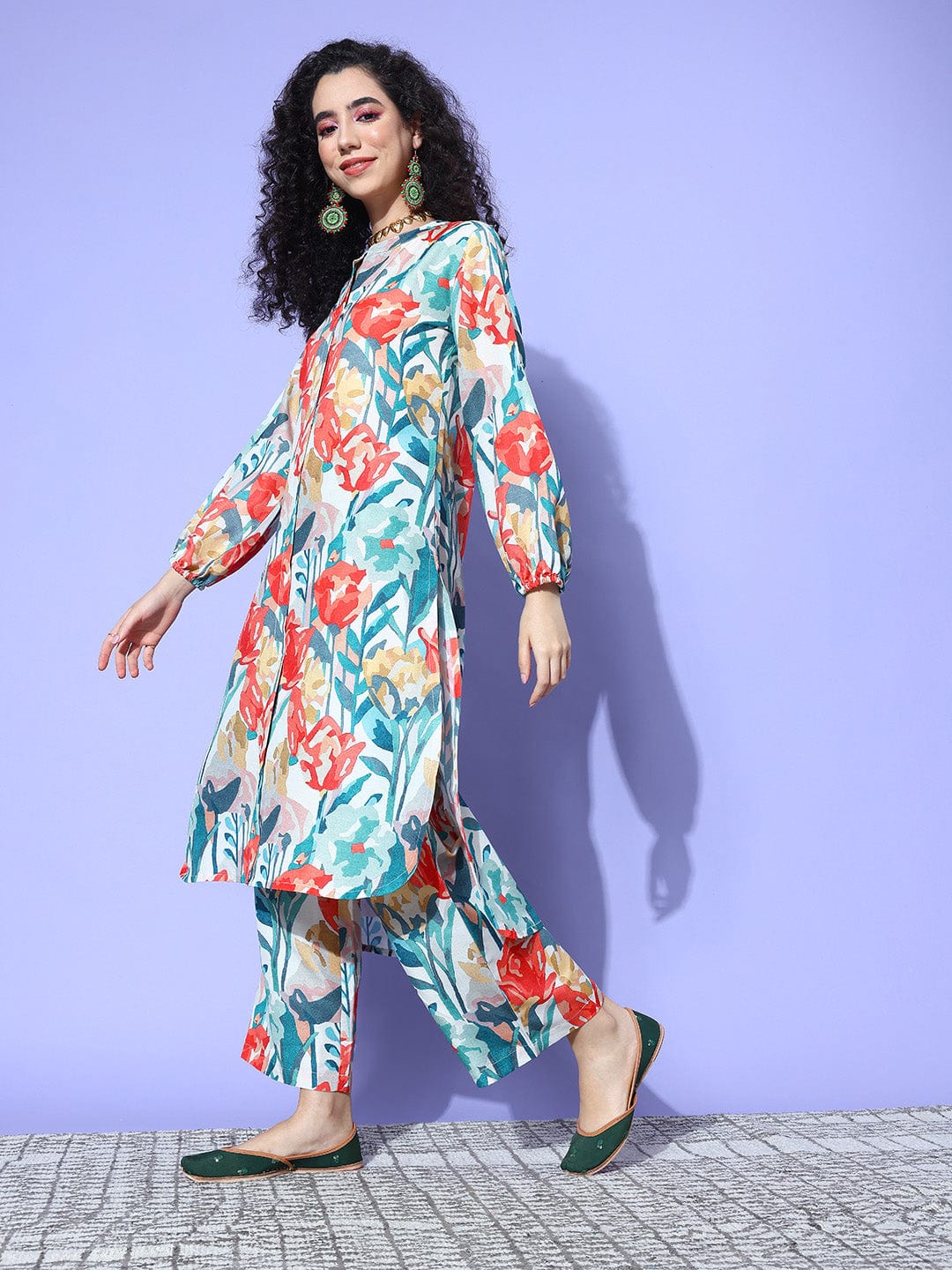 Cream Floral Printed High Low Straight Kurta Paired With Tonal Bottom