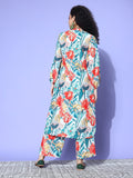 Cream Floral Printed High Low Straight Kurta Paired With Tonal Bottom