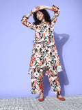Pink Floral Printed Shirt Collar Straight Kurta Paired With Tonal Bottom