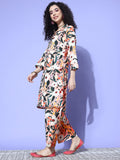 Pink Floral Printed Shirt Collar Straight Kurta Paired With Tonal Bottom