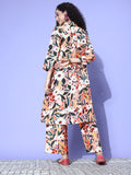 Pink Floral Printed Shirt Collar Straight Kurta Paired With Tonal Bottom