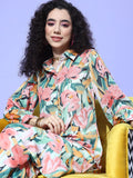 Peach Floral Printed Shirt Collar Straight Kurta Paired With Tonal Bottom