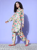 Peach Floral Printed Shirt Collar Straight Kurta Paired With Tonal Bottom
