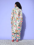 Peach Floral Printed Shirt Collar Straight Kurta Paired With Tonal Bottom