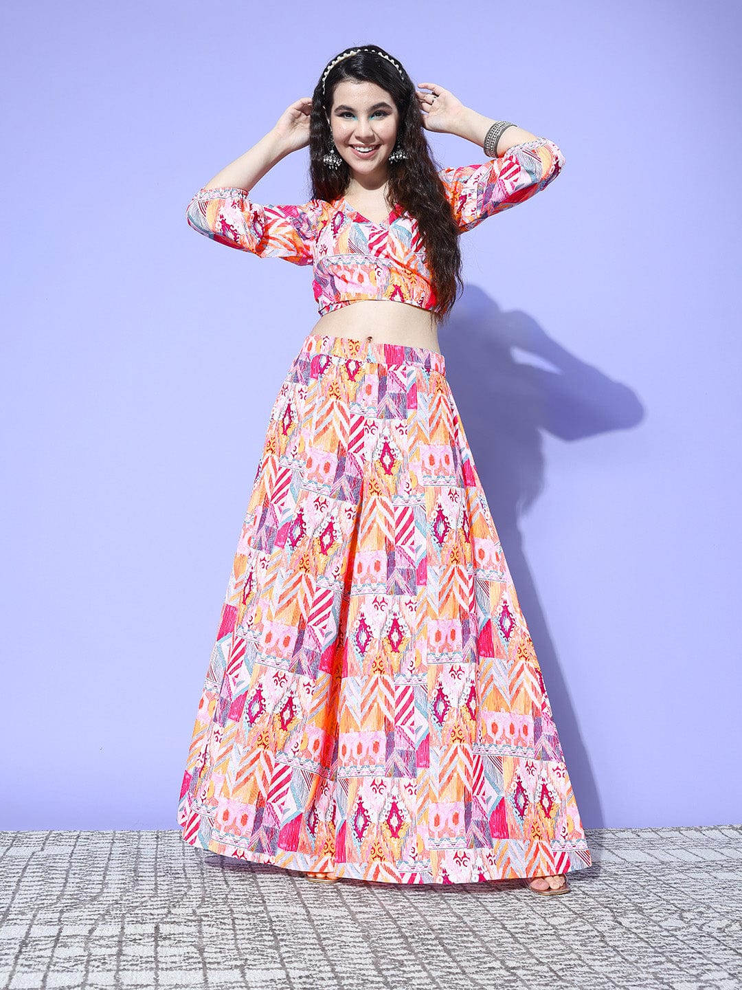 Multi Colour Abstract Printed Wrap Top Paired With Tonal Printed Flared Bottom