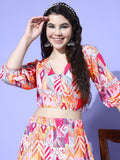 Multi Colour Abstract Printed Wrap Top Paired With Tonal Printed Flared Bottom