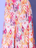 Multi Colour Abstract Printed Wrap Top Paired With Tonal Printed Flared Bottom