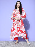 Peach Floral Printed V-Neck Straight Kurta With Tessels Hem Paired With Tonal Solid Bottom