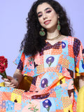 Multi Colour Abstract Printed V-Neck A-Line Dress