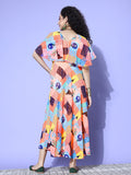 Multi Colour Abstract Printed V-Neck A-Line Dress