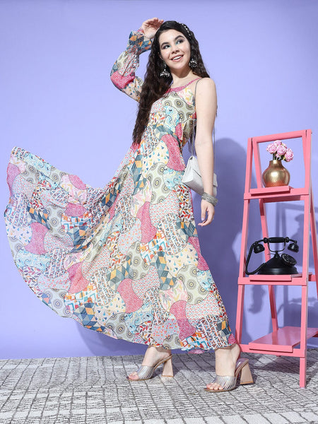 Multi Colour Abstract Printed One Shoulder A-Line Dress – Varanga