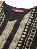 Varanga Grey And Black Stripe Printed Straight Kurta Paired With Solid Black Bottom And Printed Dupatta