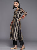 Varanga Grey And Black Stripe Printed Straight Kurta Paired With Solid Black Bottom And Printed Dupatta