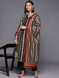 Varanga Grey And Black Stripe Printed Straight Kurta Paired With Solid Black Bottom And Printed Dupatta