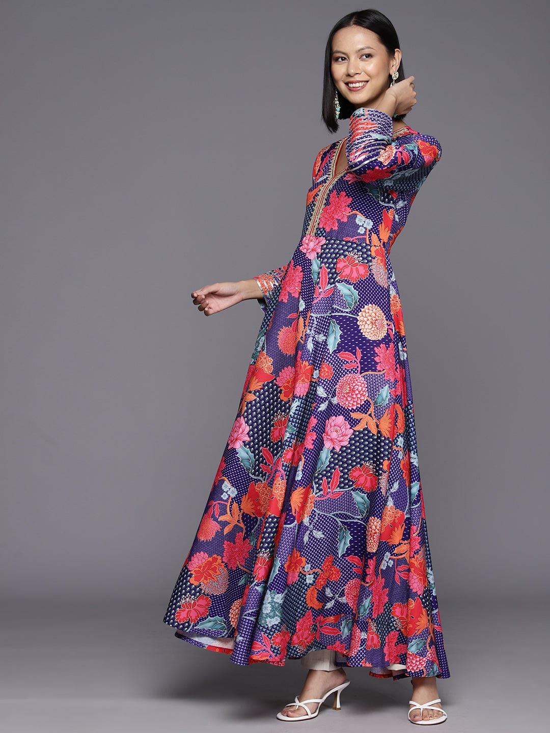 Violet Floral Printed V-Neck, Anarkali Kurta Paired With Tonal Chiffon Dupatta