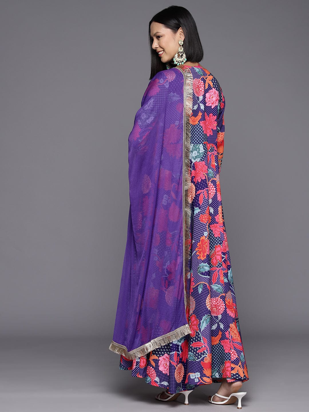 Violet Floral Printed V-Neck, Anarkali Kurta Paired With Tonal Chiffon Dupatta
