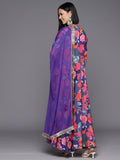 Violet Floral Printed V-Neck, Anarkali Kurta Paired With Tonal Chiffon Dupatta