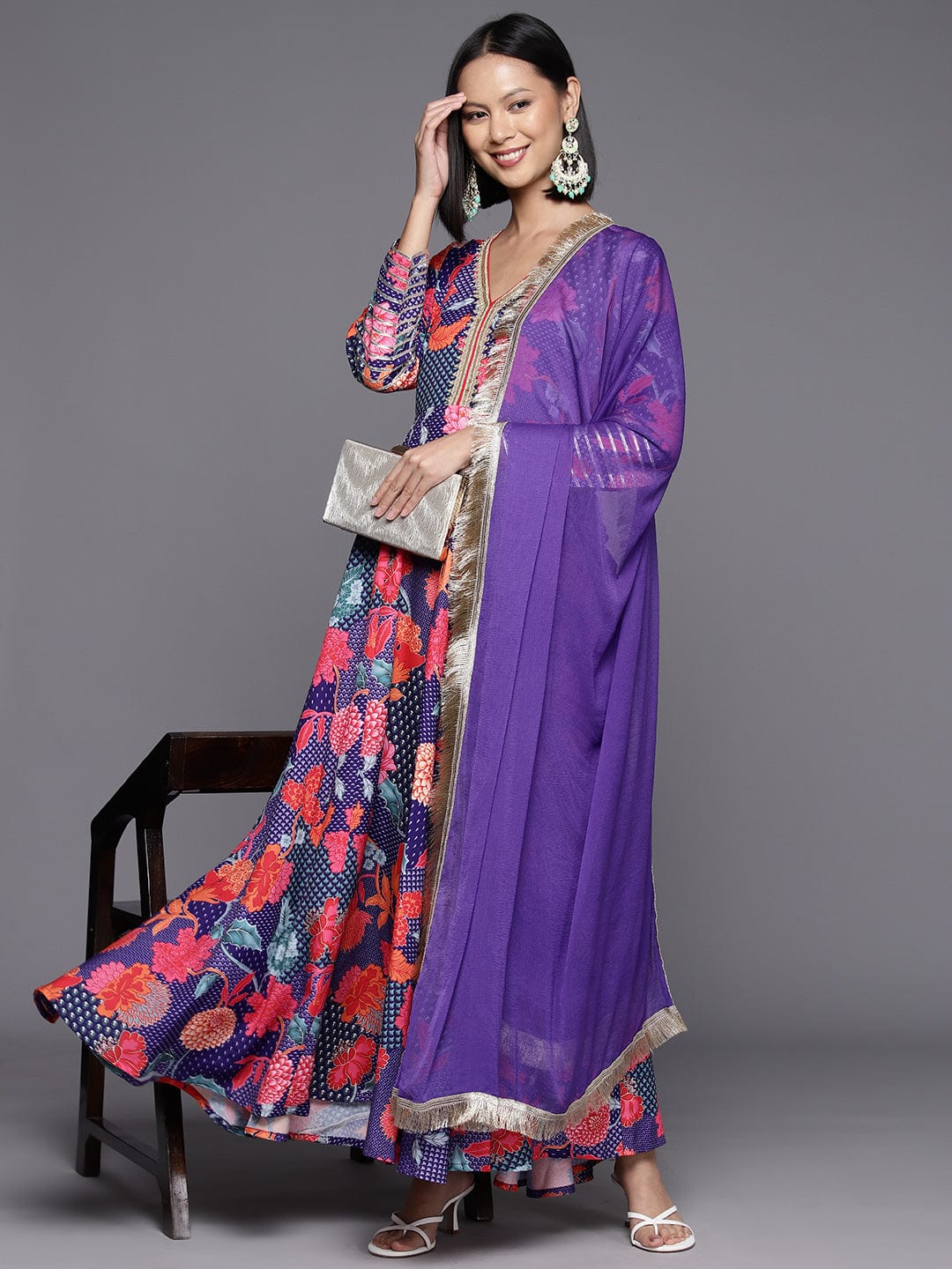 Violet Floral Printed V-Neck, Anarkali Kurta Paired With Tonal Chiffon Dupatta