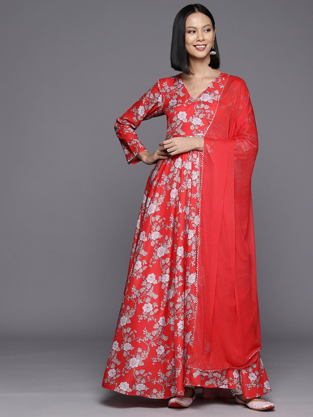 Red Floral Printed Angrakha Style Anarkali Kurta Paired With Chiffon Solid Dupatta