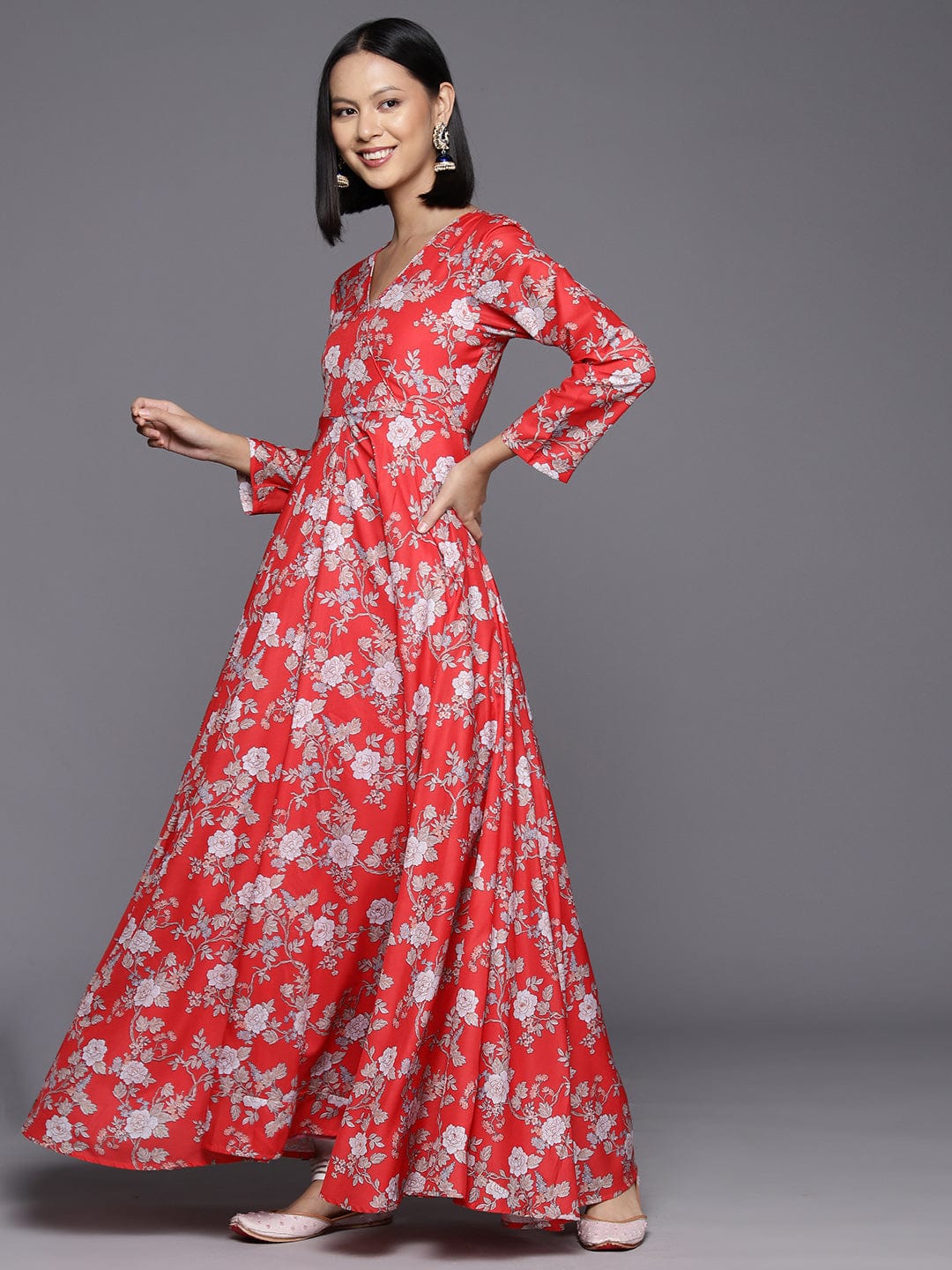 Red Floral Printed Angrakha Style Anarkali Kurta Paired With Chiffon Solid Dupatta
