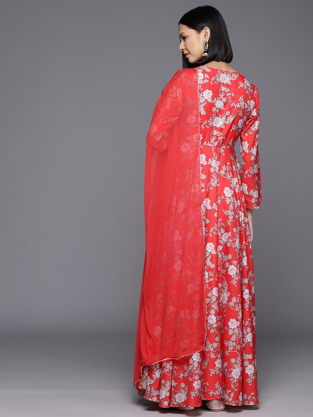 Red Floral Printed Angrakha Style Anarkali Kurta Paired With Chiffon Solid Dupatta