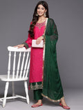 Pink Placement Design Embroidered Straight Kurta Paired With Contrast Bottom And Chiffon Dotted Dupatta With Four Side Fringes